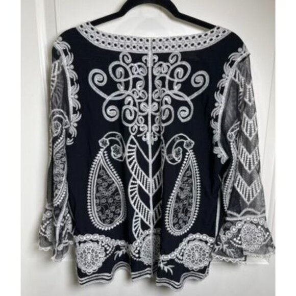 Chicos Embroidered Black White‎ Paisley Sheer Top Sz 12/14   Boho Chic Dressy - Picture 2 of 9